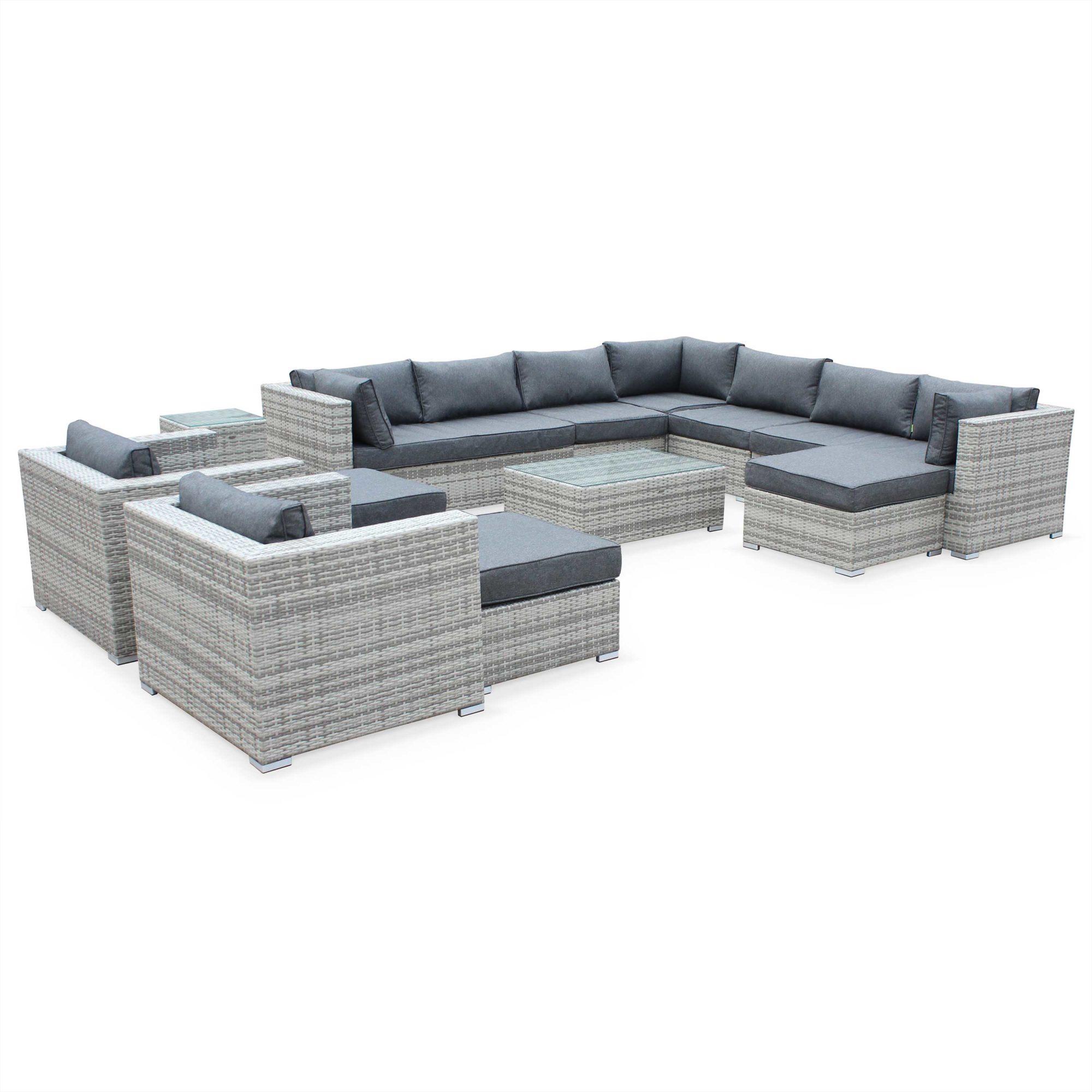 TRIPOLI 13 Seater Outdoor Lounge Set Mix Grey Wicker/Grey Cushions Aluminium Frame